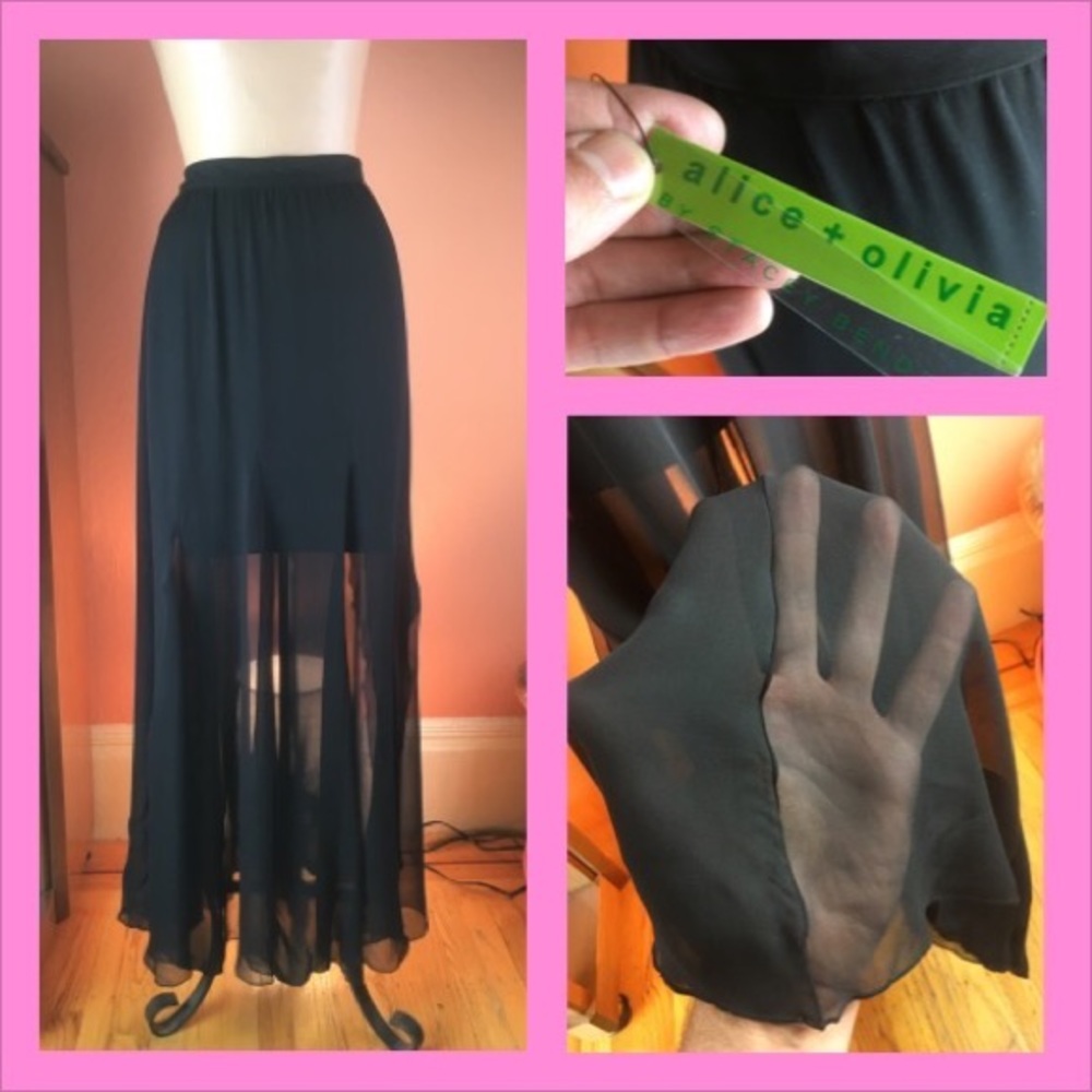 Alice & Olivia Black Silk Chiffon Maxi Skirt - Small